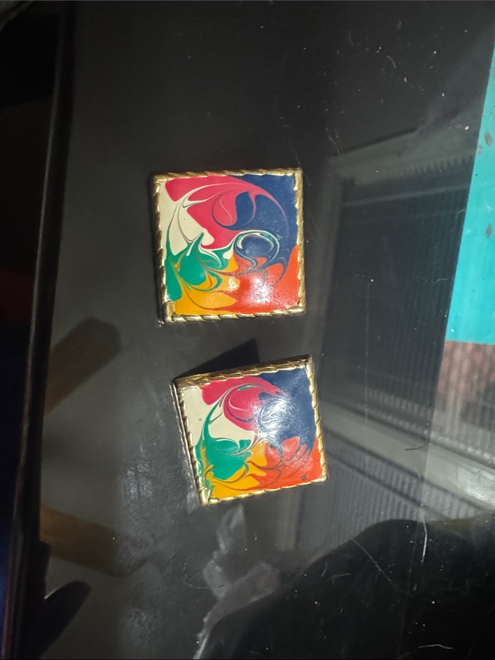 Colorful Enamel Square Clip-On Earrings - Multicolor Swirl